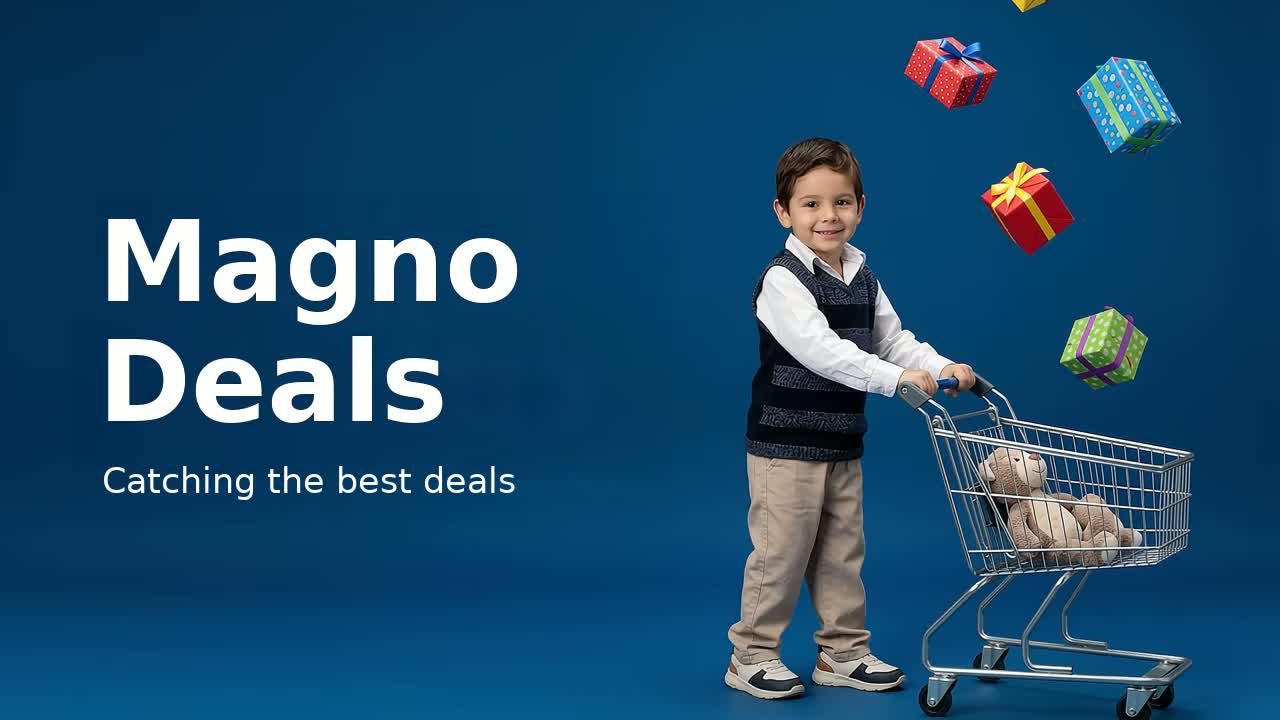 Magno Deals — child catching gifts in a shopping cart